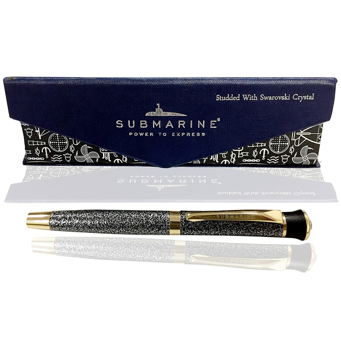Submarine Roller Ballpoint Pen - Gold Plated with Antique Silver Powder Coating, Medium Point Blue Ink