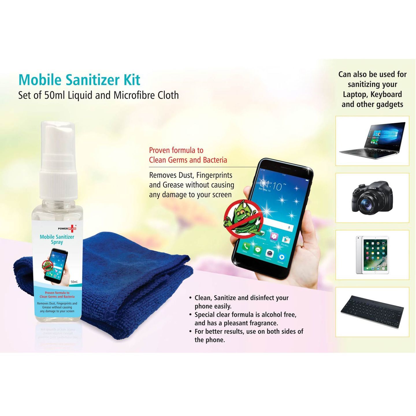 MOBILE SANITIZER KIT SET OF 50ML LIQUID AND MICROFIBRE CLOTH