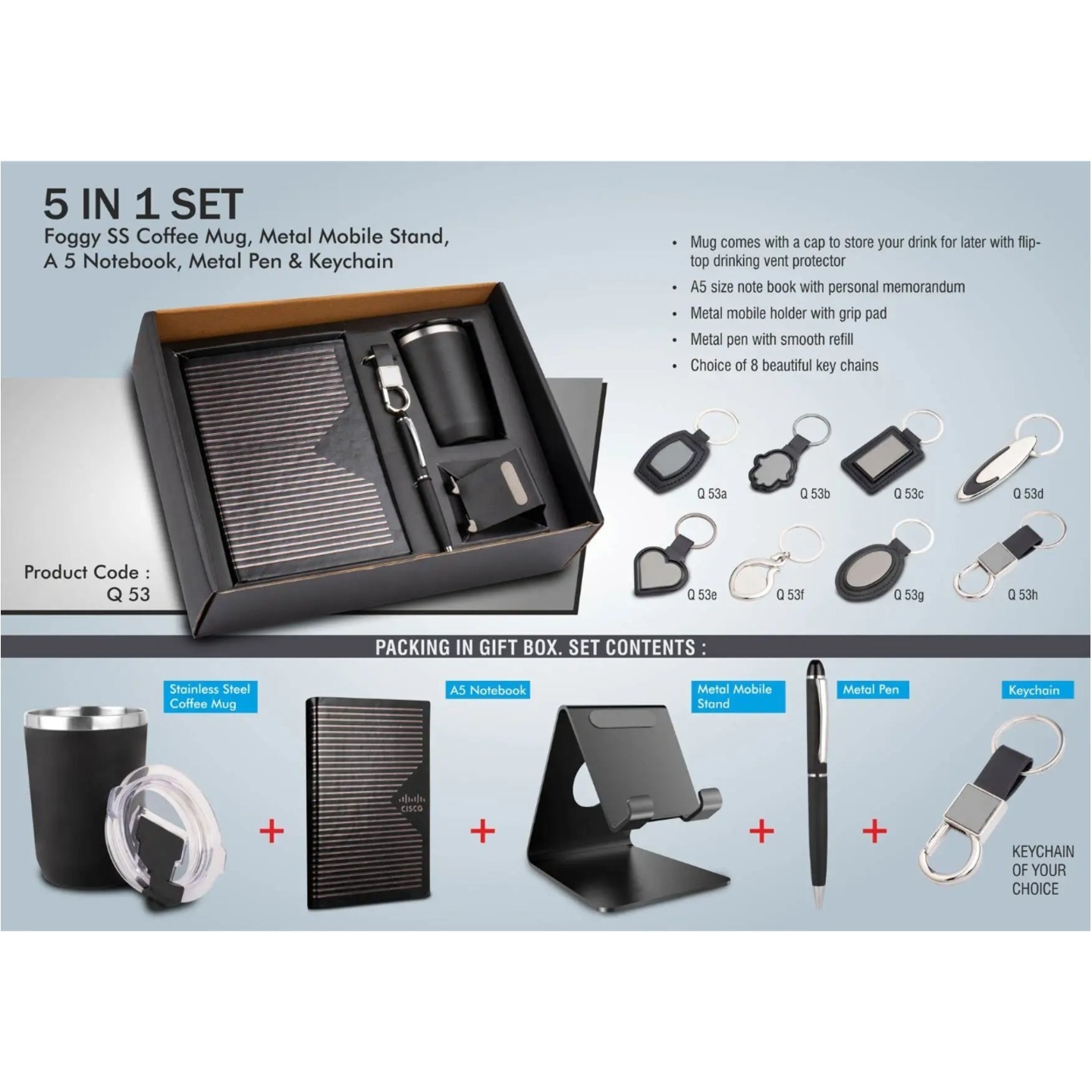 5 In 1 Set: Foggy SS Coffee Mug, Metal Pen, Metal Mobile Stand, A5 Notebook And Keychain