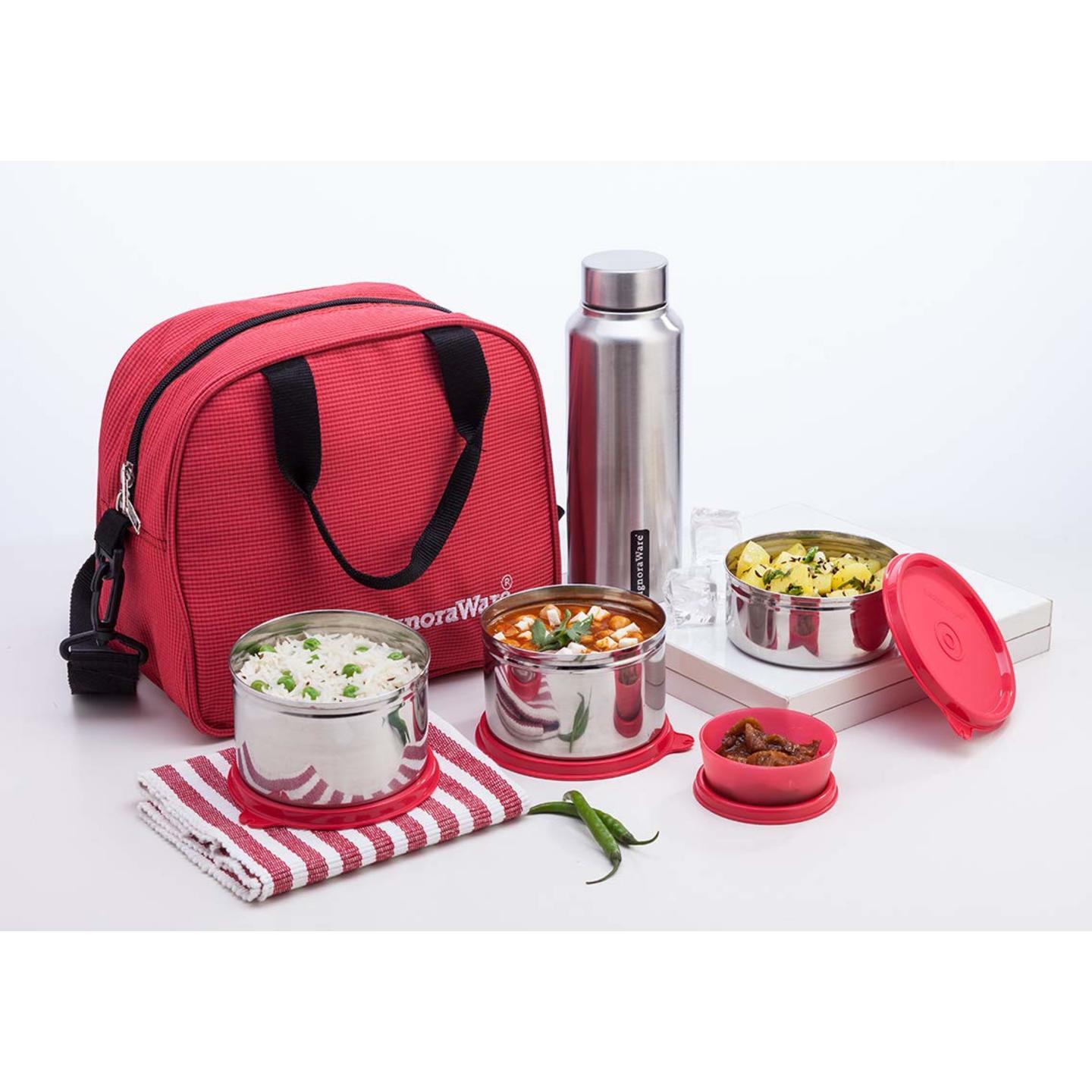 Signoraware Sling Steel Lunch Box with Steel Bottle, Set of 5, Red