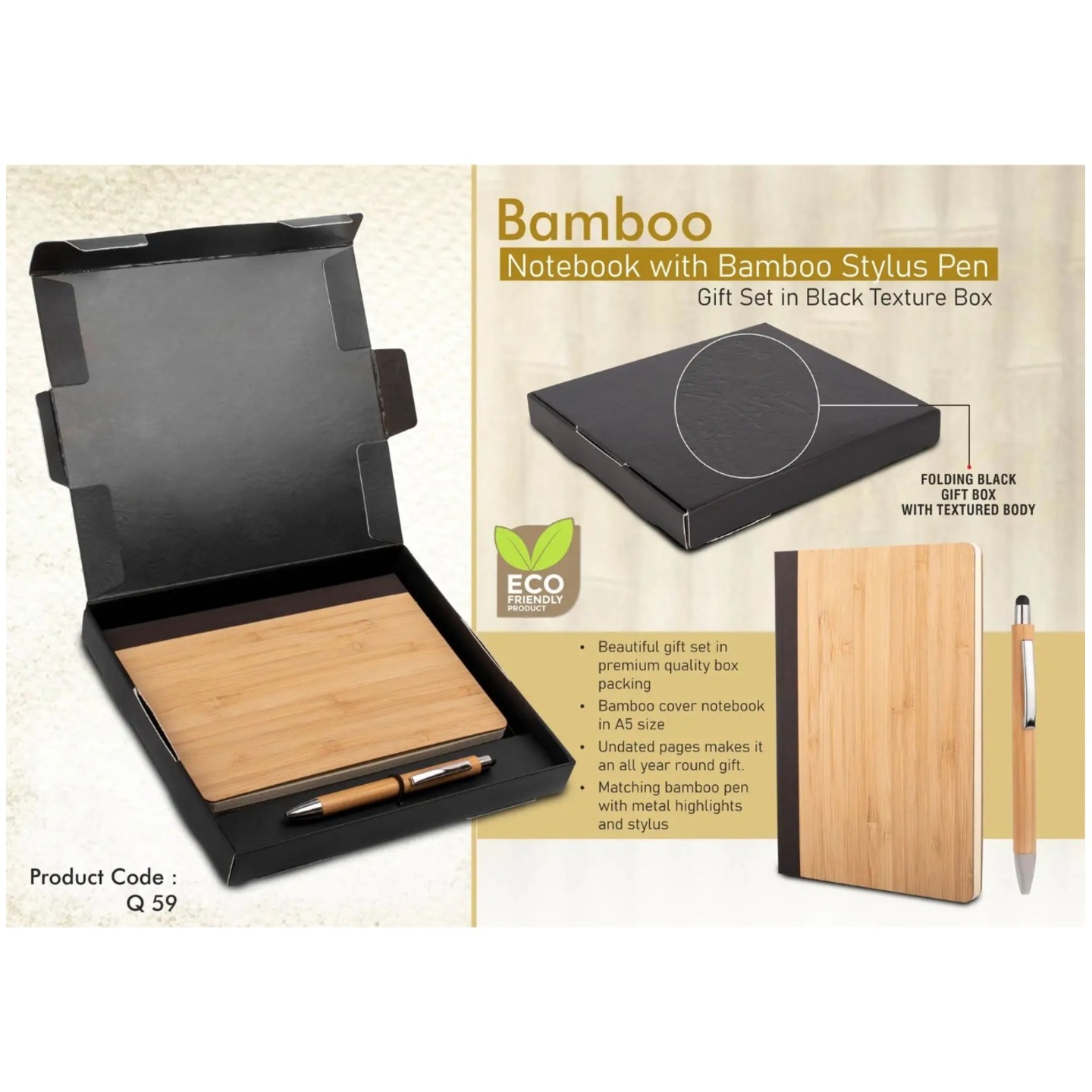 Bamboo Notebook With Bamboo Pen | Gift Set In Black Texture Box