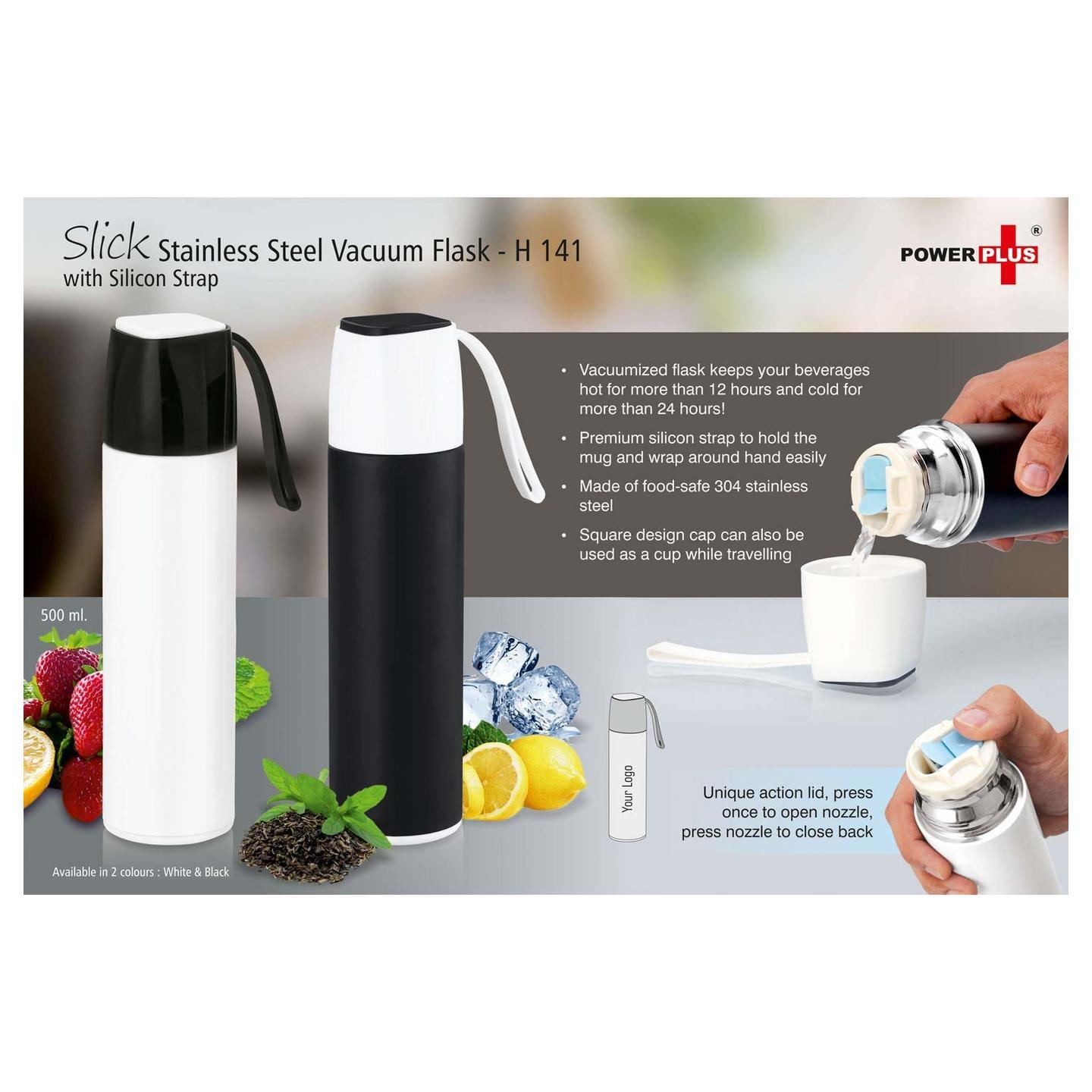 Power Plus Slick Stainless Steel Vacuum Flask with silicon strap 500 ml