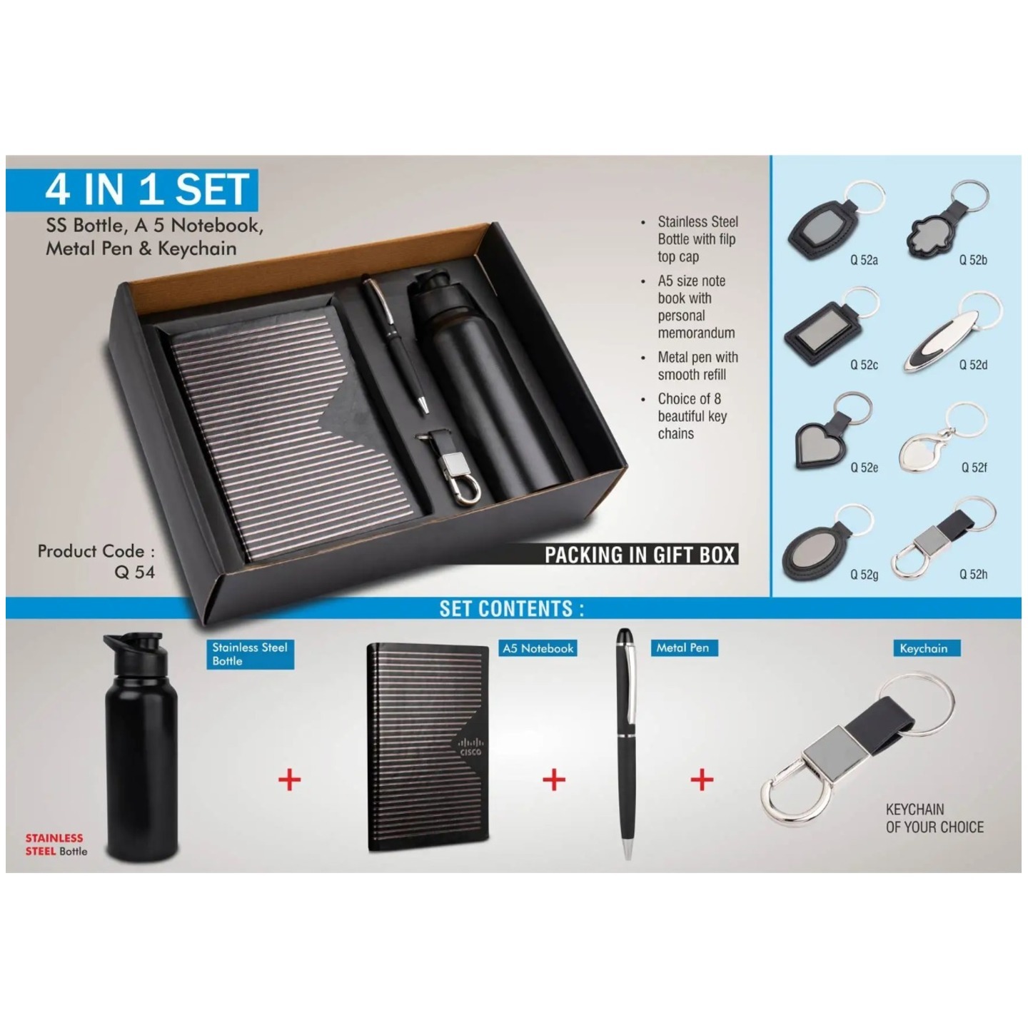 4 In 1 Set: Stainless Steel Bottle, Metal Pen, Metal Keychain, A5 Notebook