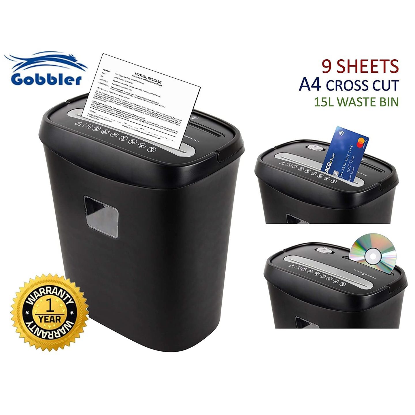 Gobbler 9 Sheet Cross Cut Paper Shredder with CDDVD and CreditDebit Card Shredder  Fully Automatic Shredder 904CD