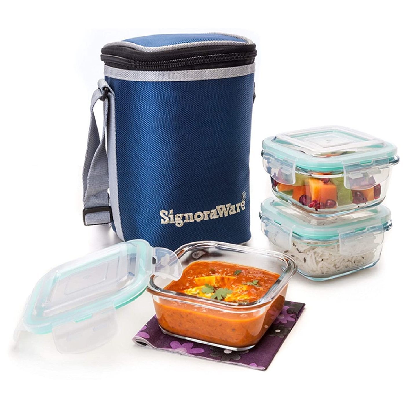 Signoraware Director High Borosilicate Bakeware Safe Glass Lunch Box Set with Bag, 320ml+320ml+320ml, 3-Pieces, Transparent