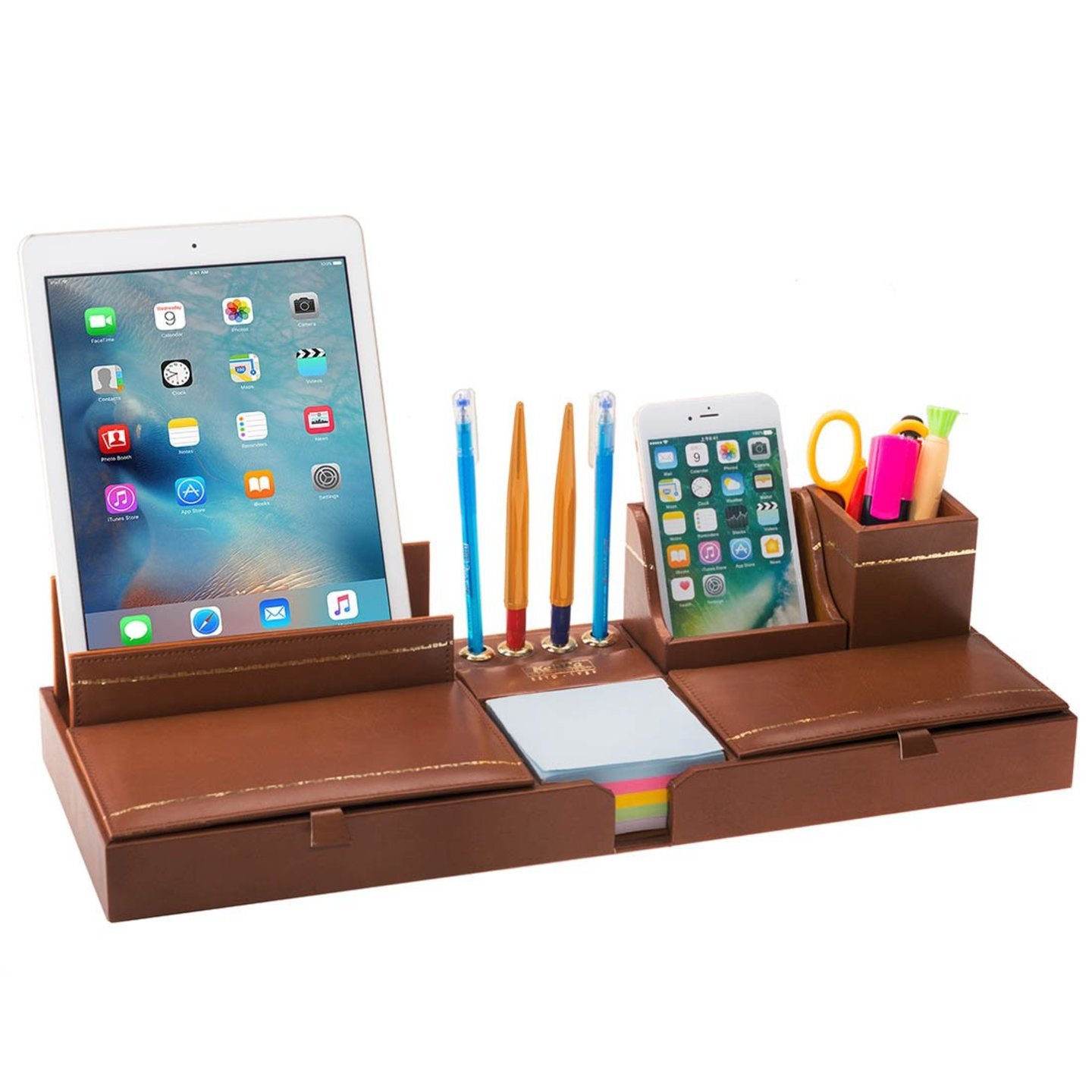 Kebica Home Office Wooden Structure PU Leather Multi-function Desk Stationery Supplies Organizer Storage Box, Pen/Pencil, Mobile Phone, Tablet (Tan)