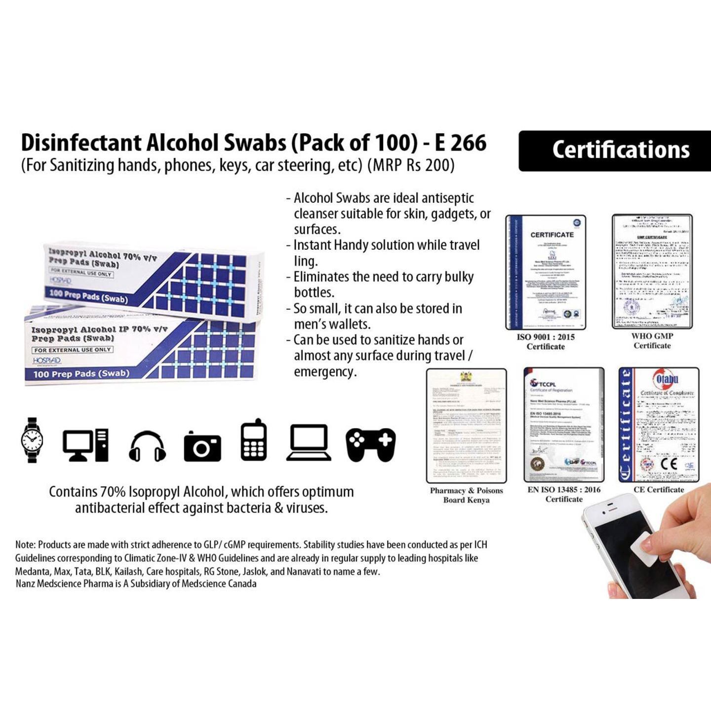 Disinfectant Alcohol Swabs Pack Of 100 For Sanitizing Hands, Phones, Keys, Car Steering, Etc