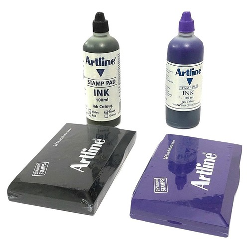 Artline Stamps Pads Medium with Stamp Ink (Black and Violet) 2 Stamp Pads and 2 Stamp Inks