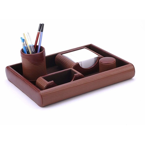 SMKT™ Leather Desk Organizer|5 in 1 Set|Desk Top Accessories Set|Stylish Desk Set Use Full for Keeping Pen, Memo, Paper|Paper Weight/Mobile Stand, Leather Pen Holder, Memo Holder, Paper Tray (Brown)