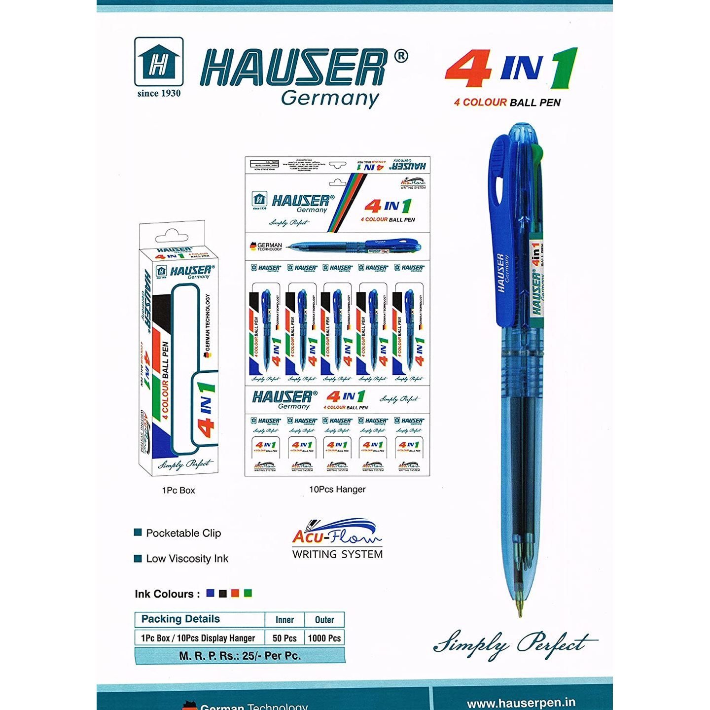 Hauser 4 IN 1 (4 Colour) Ball Pen Pack of - 5