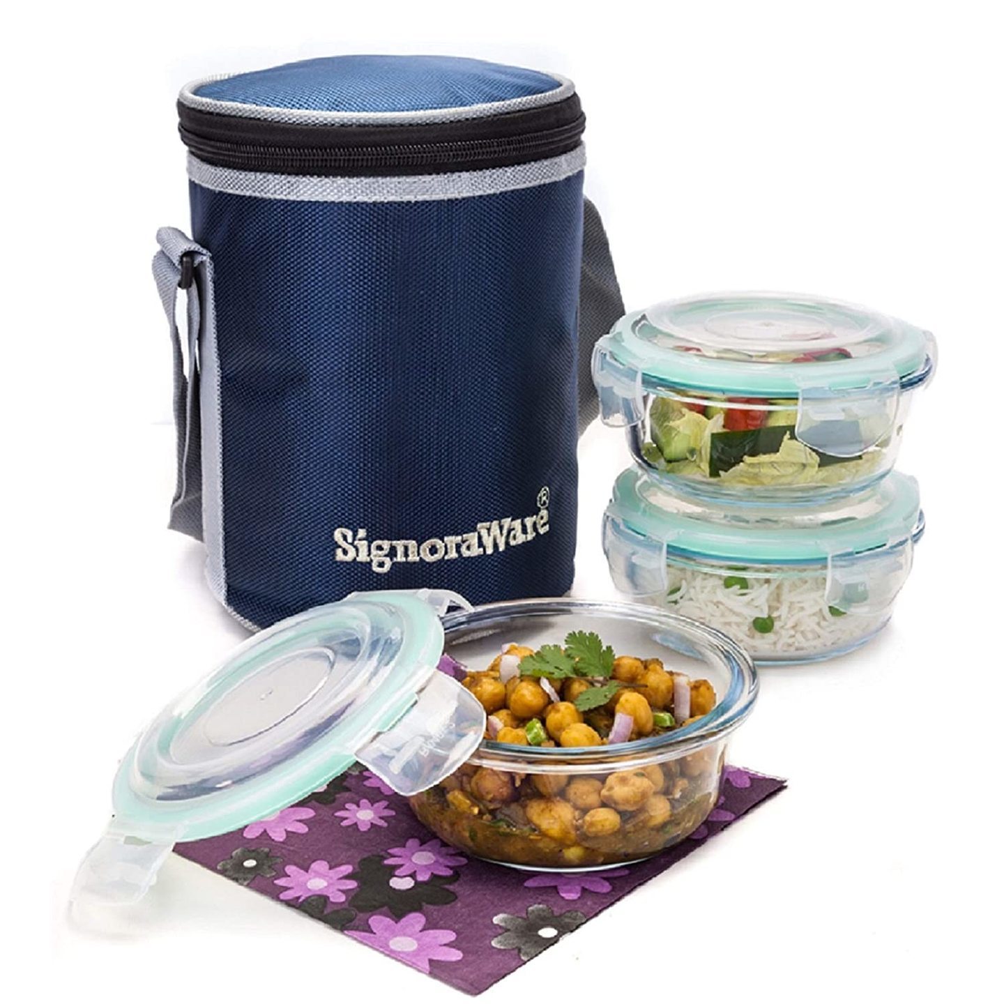 Signoraware Executive High Borosilicate Bakeware Safe Glass Lunch Box Set with Bag, 400ml+400ml+400ml, 3-Pieces, Transparent