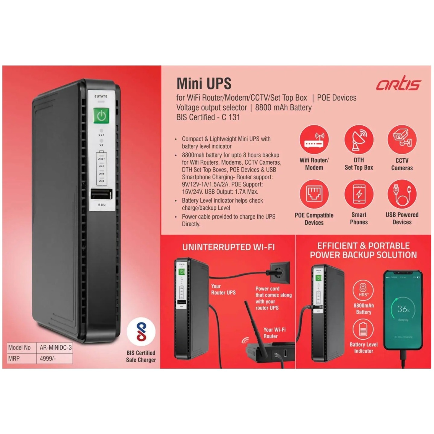 Artis Mini UPS For WiFi Router/Modem/CCTV/Set Top Box/POE Devices | Voltage Output Selector | 8800 MAh Battery | BIS Certified (AR-MINIDC-3) 