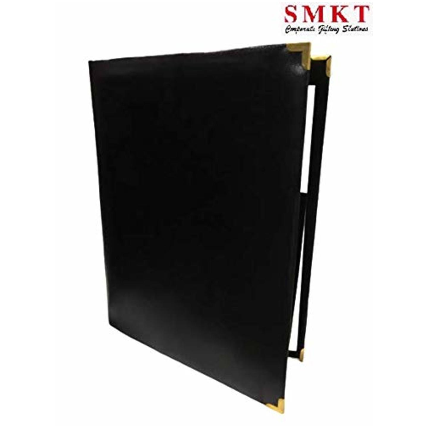 SMKT™ Leather Folder for Agreement/MOU/Sign Exchange/Degree Presentation/Business Folio/Executive Portfolio, Faux Leather & Brass Corners, Resume Document Organizer with Paper AUTO Clip Black