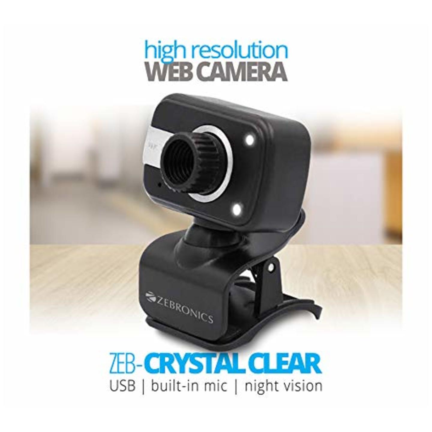 Zebronics Zeb-Crystal Clear Web Camera with 3P Lens,Built-in Microphone,Auto White Balance,Night Vision and Manual Switch for LED (Black)