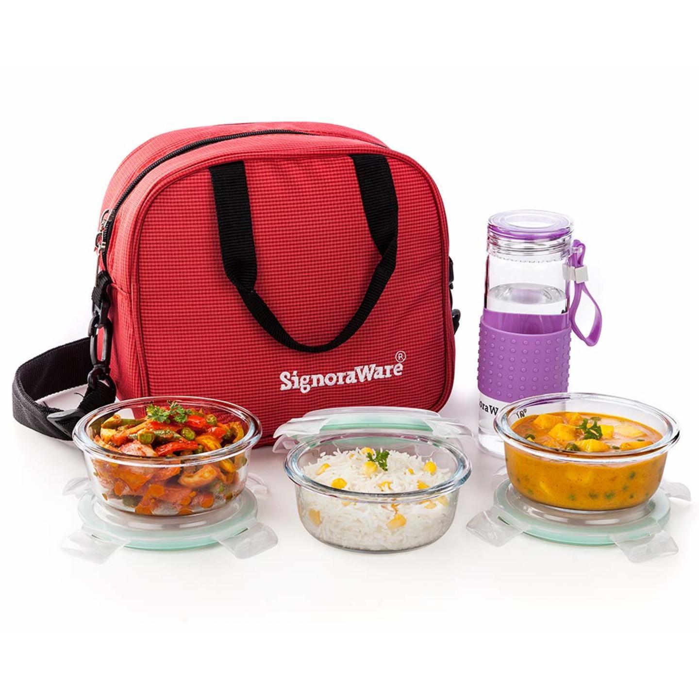 Sling High Borosilicate Bakeware Safe Glass lunch Box with Glass Bottle, Set of 4, Clear