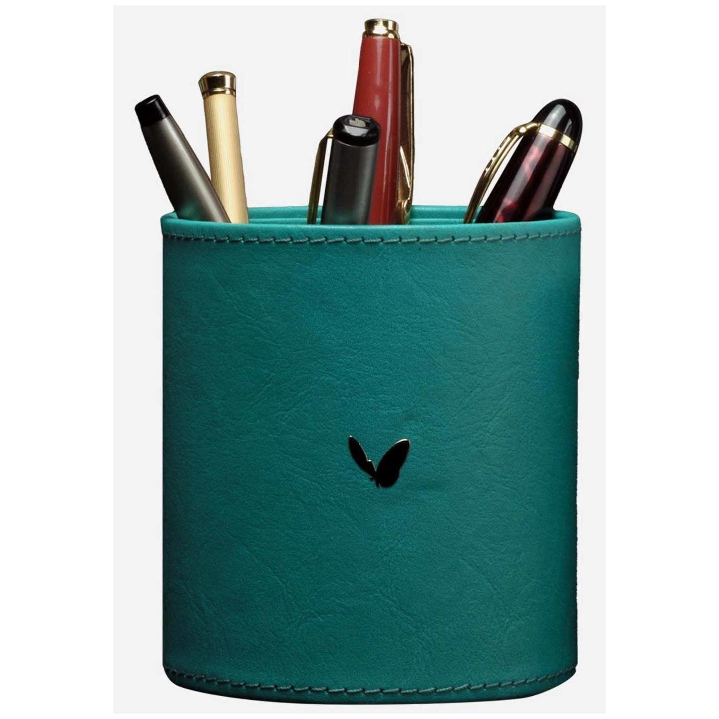 SMKT Pen Stand  Round Tumbler Pen Pencil Holder  Luxury Stylish Designer Pen Stand in Vegan Leather  Best Showpiece for Reception-Welcome Desk 4 inch Long