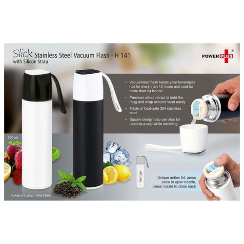 POWER PLUS Slick Stainless Steel Vacuum Flask with Silicon Strap 500 ML