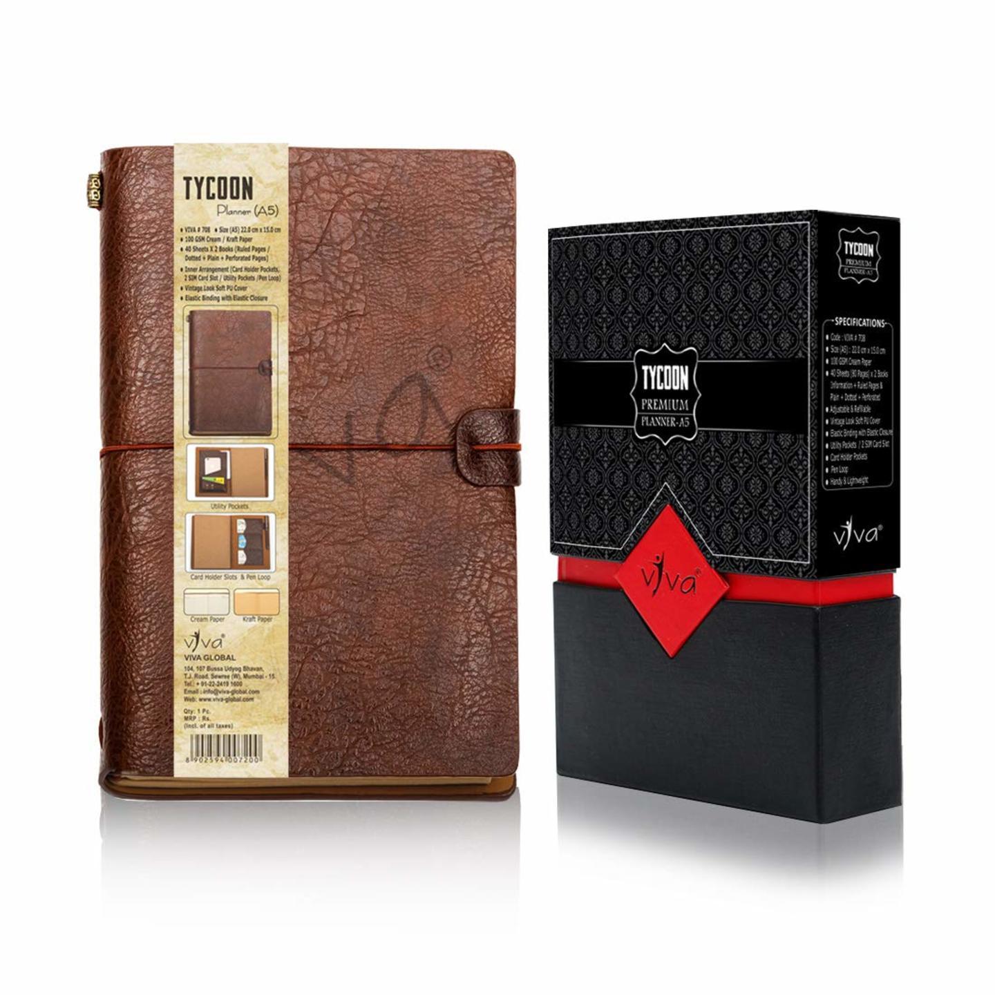 Viva Tycoon Premium Planner A5 Notebook 40 Sheets X 2 Books Includes Ruled+Plain+Dotted and Perforated Pages TAN