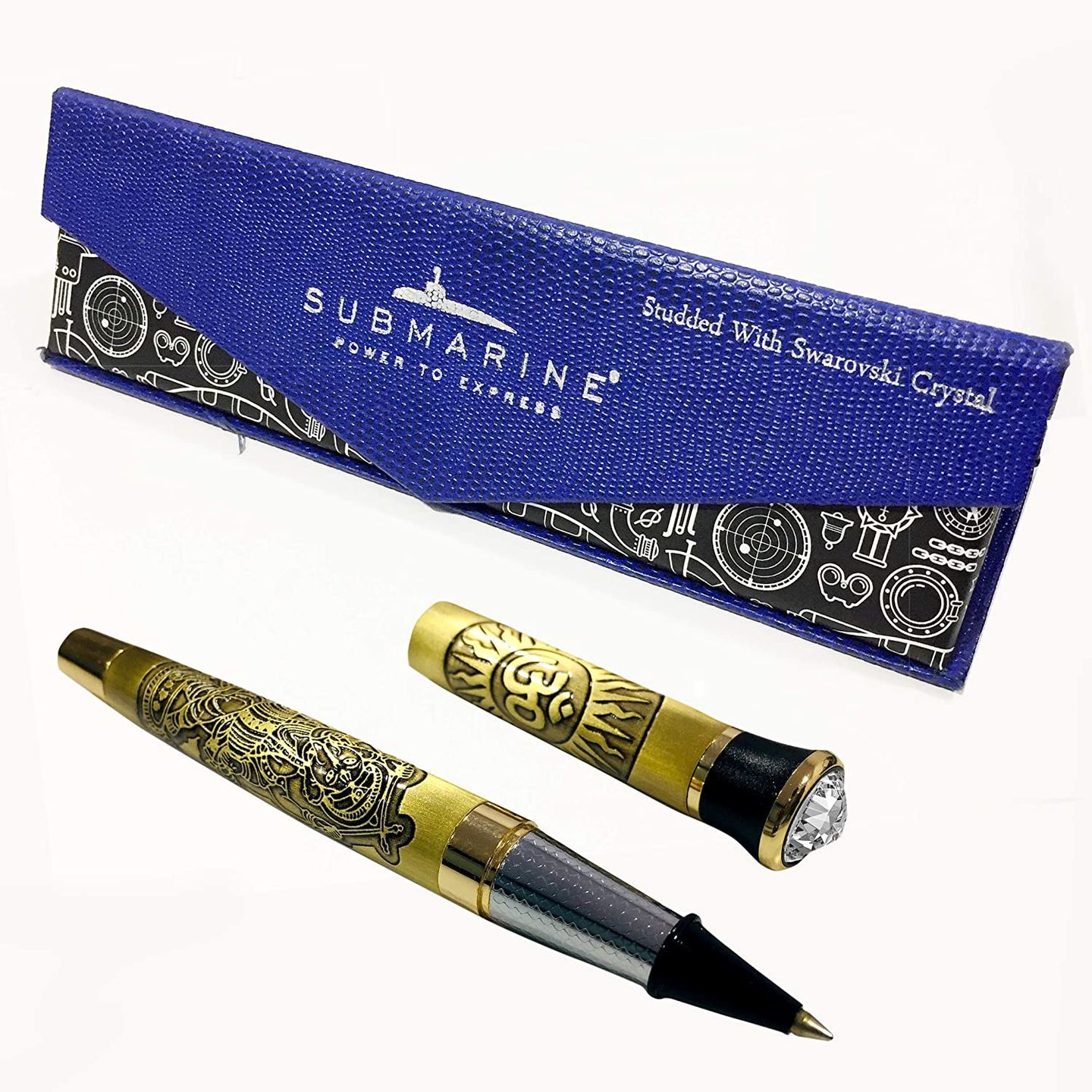 Submarine Gold Plated Ganesha Engraved with Swarovski Crystal on Top Ball Pen with Box