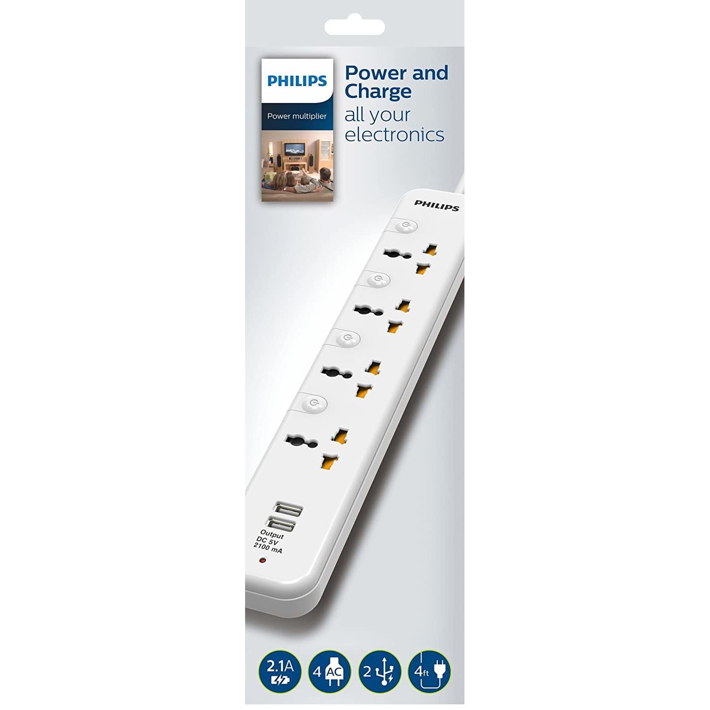 Philips Plastic 4 Way Extension Socket with High Efficiency USB Charging White