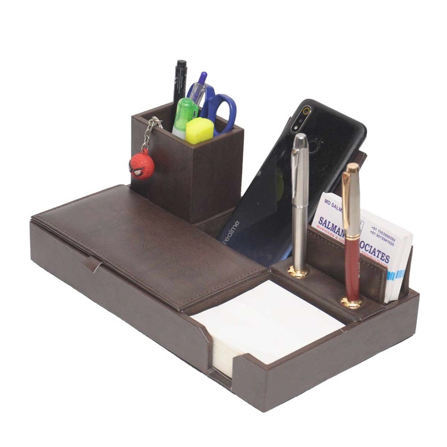 Freshwave Pen Stand | Home Office Wooden Structure PU Leather Stand | Multi-Function Desk Stationery Supplies Organizer Storage Box, Card, Pen/Pencil, Mobile Phone, Tablet (Dark Brown)