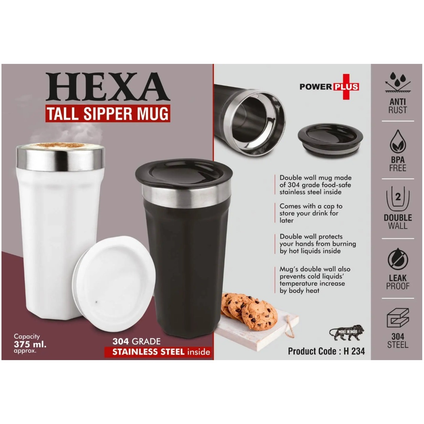 Hexa  Tall Sipper Mug  304 Grade Stainless Steel Inside  Capacity 375ml Approx