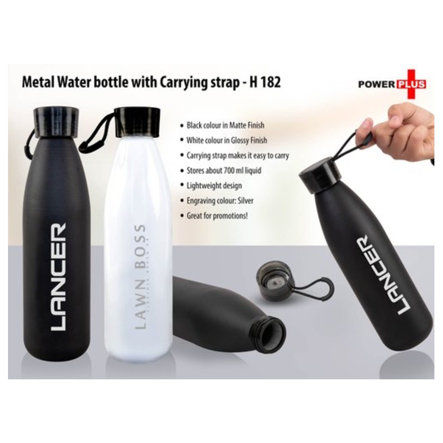 Power Plus Metal water bottle with carrying strap 700 ml approx