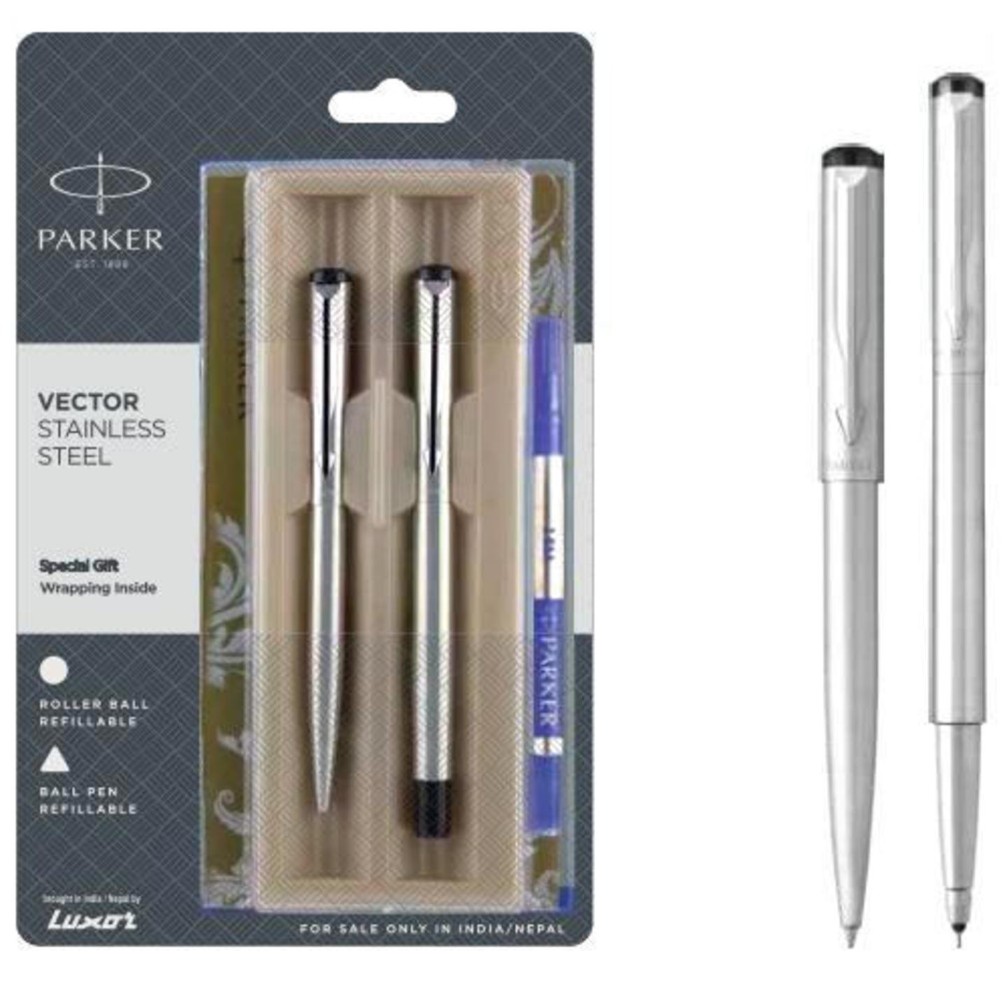 Parker Vector StaiParker Vector Stainless Steel Ball Pen And Rollerball Pen With Stainless Steel Trimnless Steel CT Ball Pen