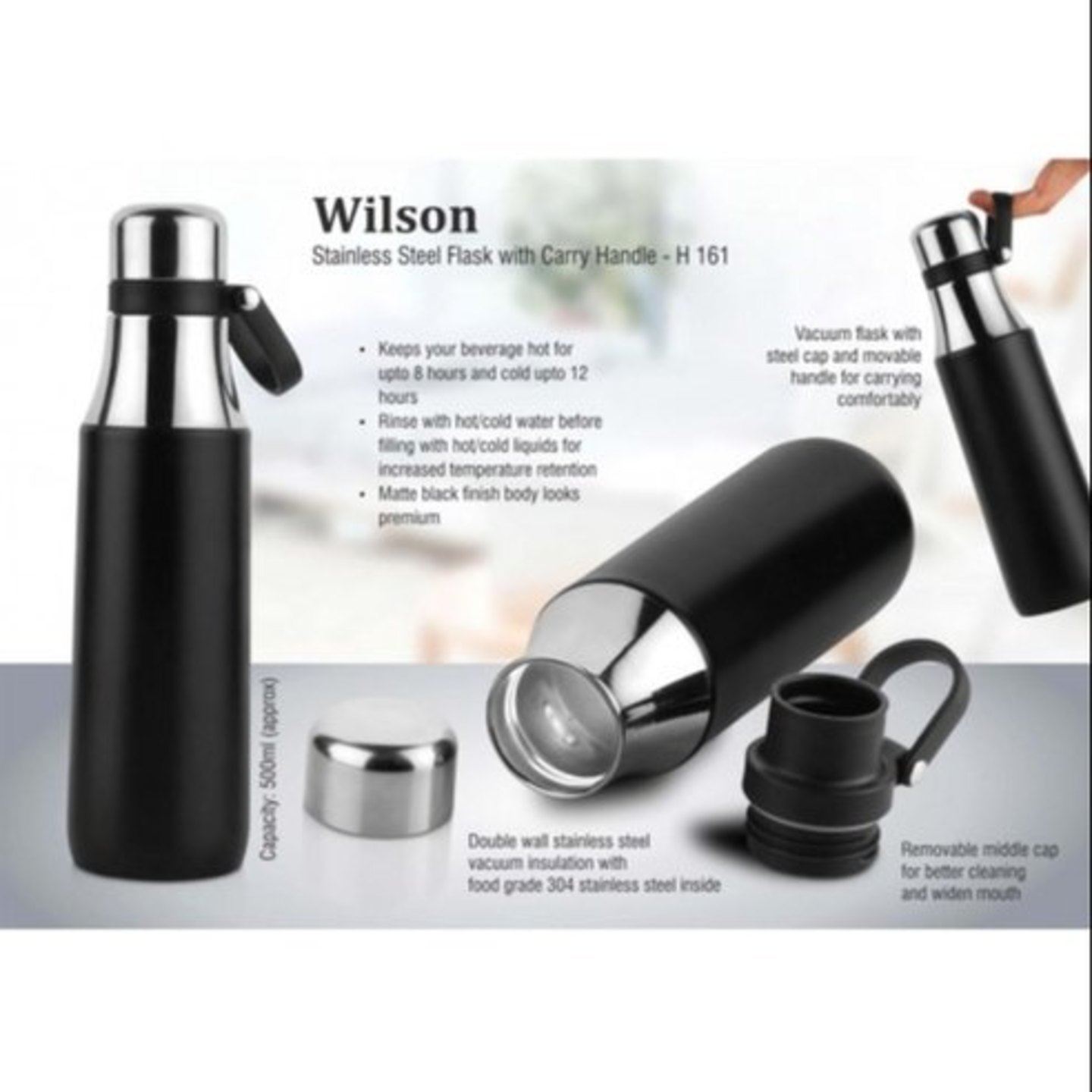 Power Plus Wilson Stainless steel flask with carry handle 500 ml approx