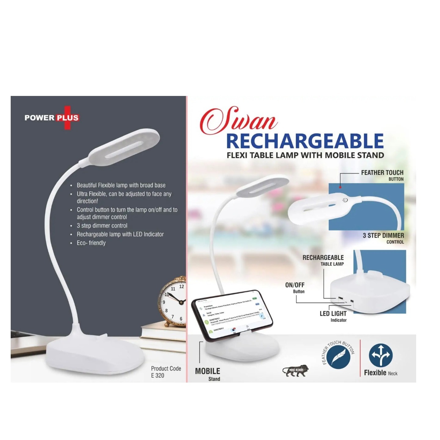 Rechargeable Flexi Table Lamp With Mobile Stand | 3 Step Dimmer Control | Feather Touch Button