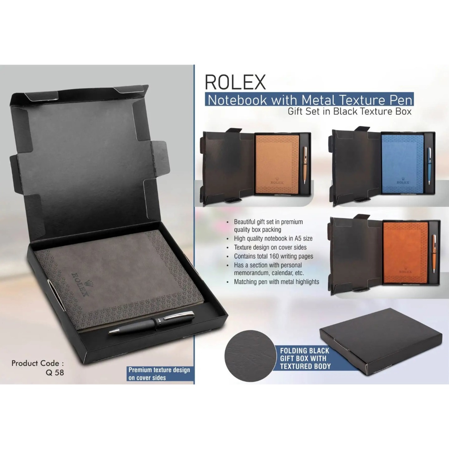 Rolex Notebook With Metal Texture Pen | Gift Set In Black Texture Box