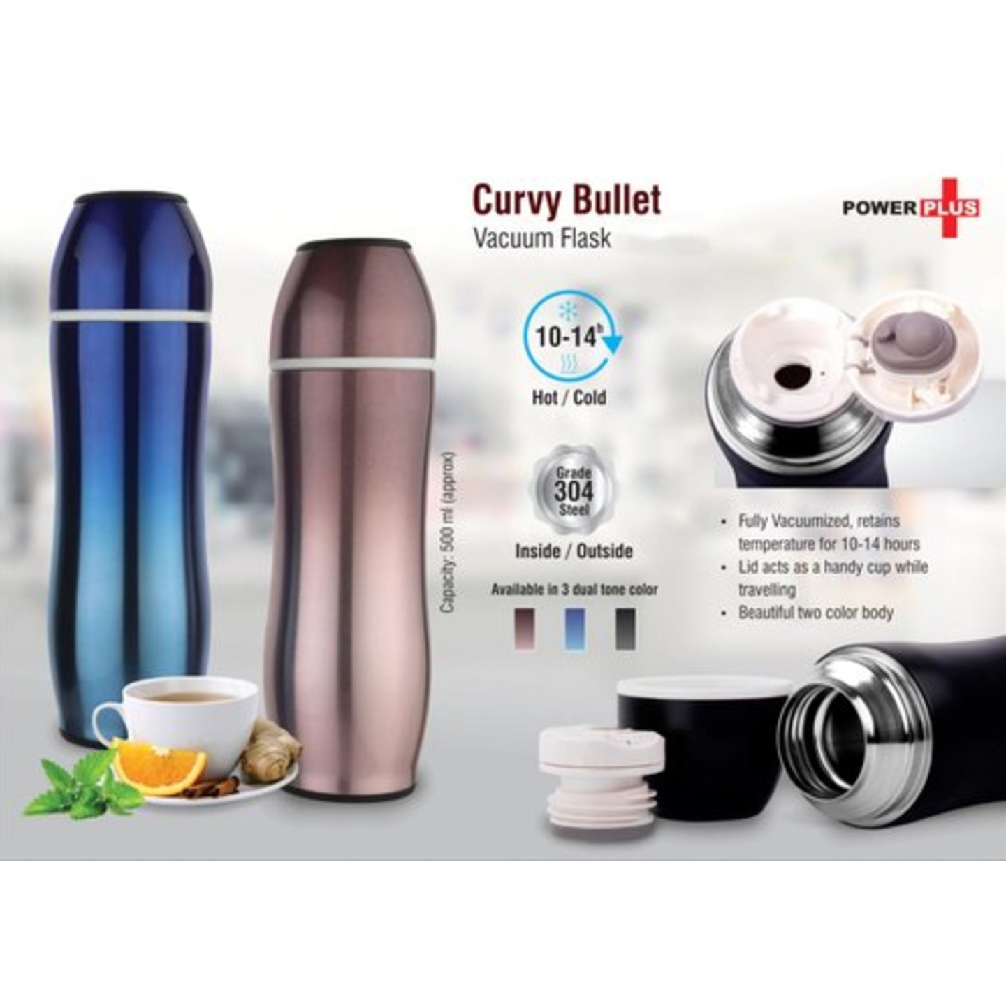 Power Plus Curvy Bullet Vacuum flask 500 ml approx