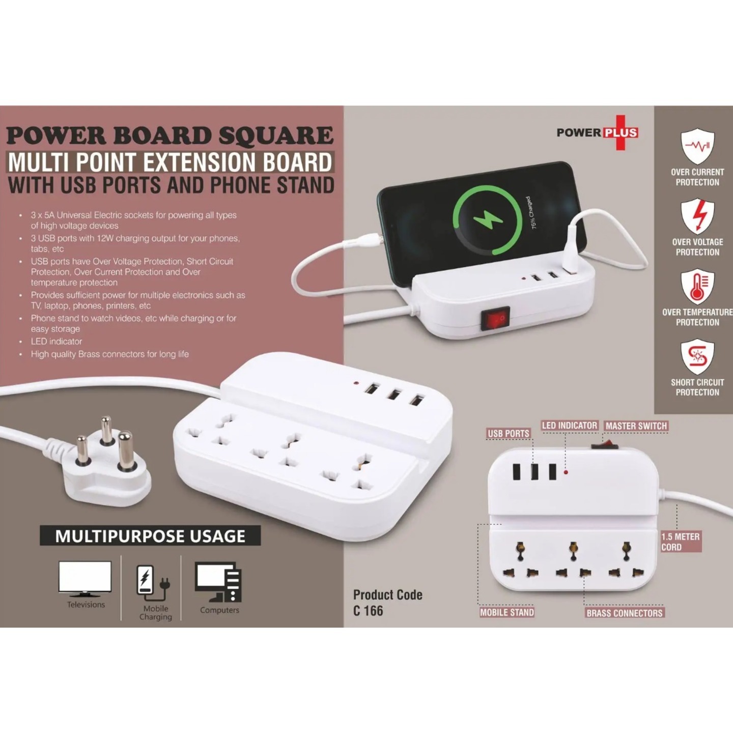 Power Board Square Multi Point Extension Board With USB Ports And Phone Stand