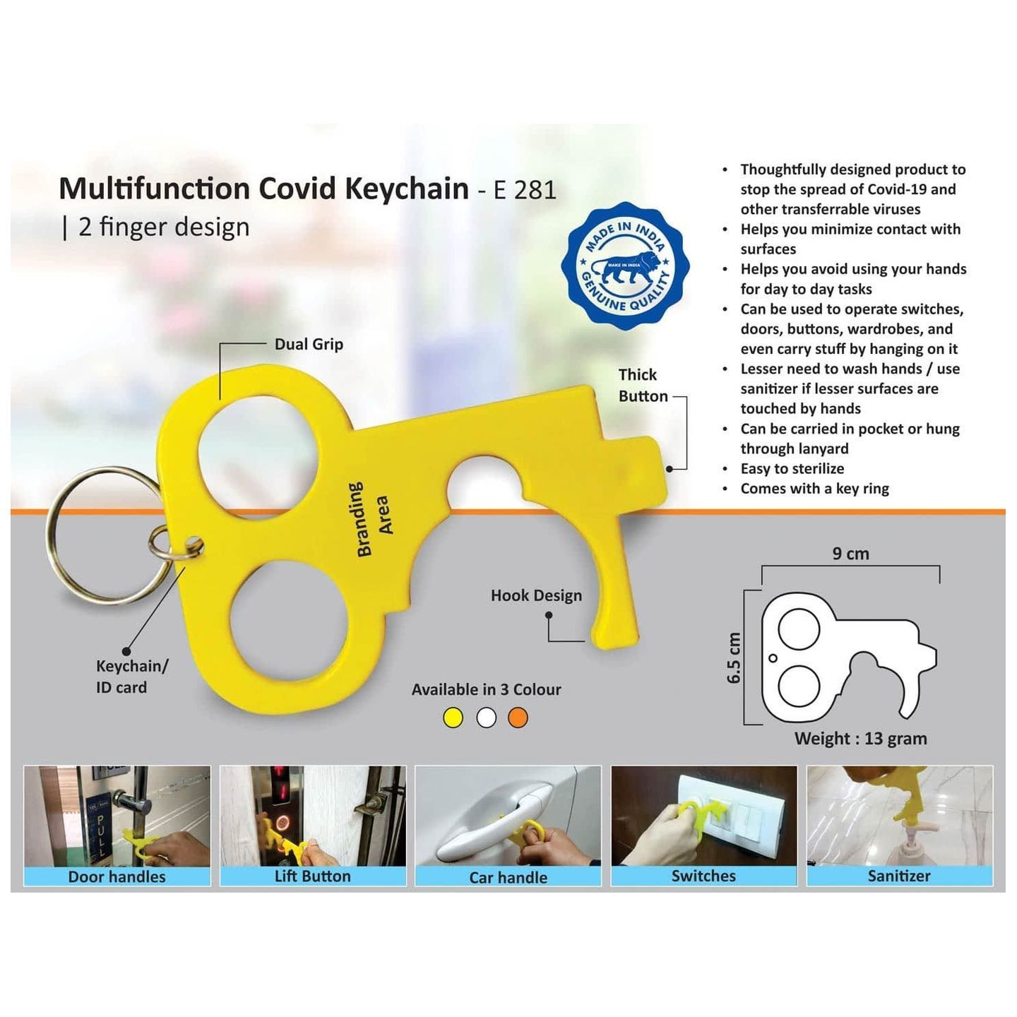 E281  MULTIFUNCTION COVID KEYCHAIN  2 FINGER DESIGN