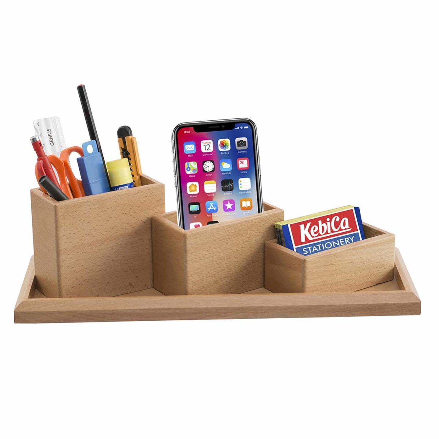 Kebica Wood Wooden Desk Organizer 4-Piece Set for Office Supplies, Pens, Business Card Holder, Mobile etc.