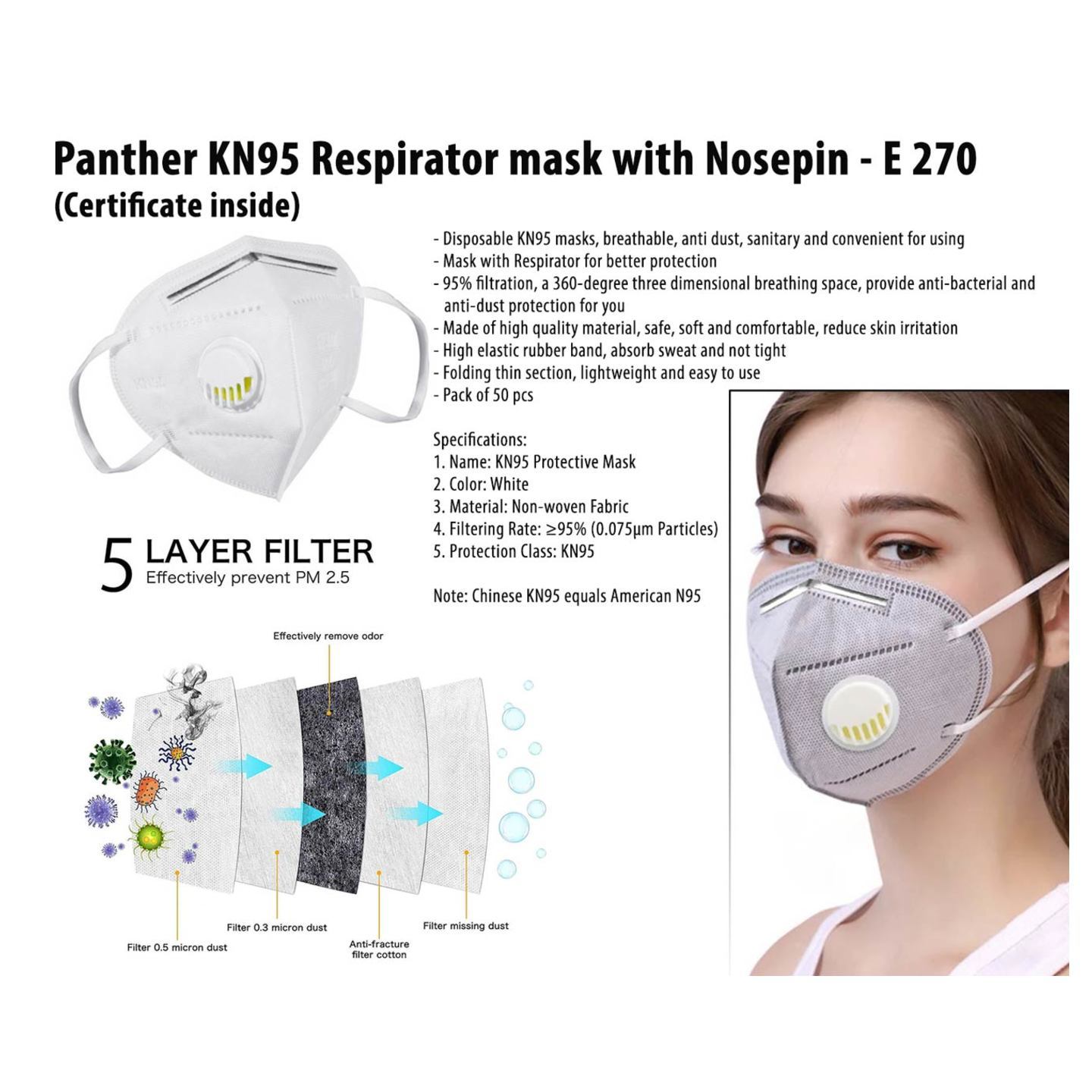 E270 – Panther KN95 Respirator Mask With Nosepin | Certificate Inside | 