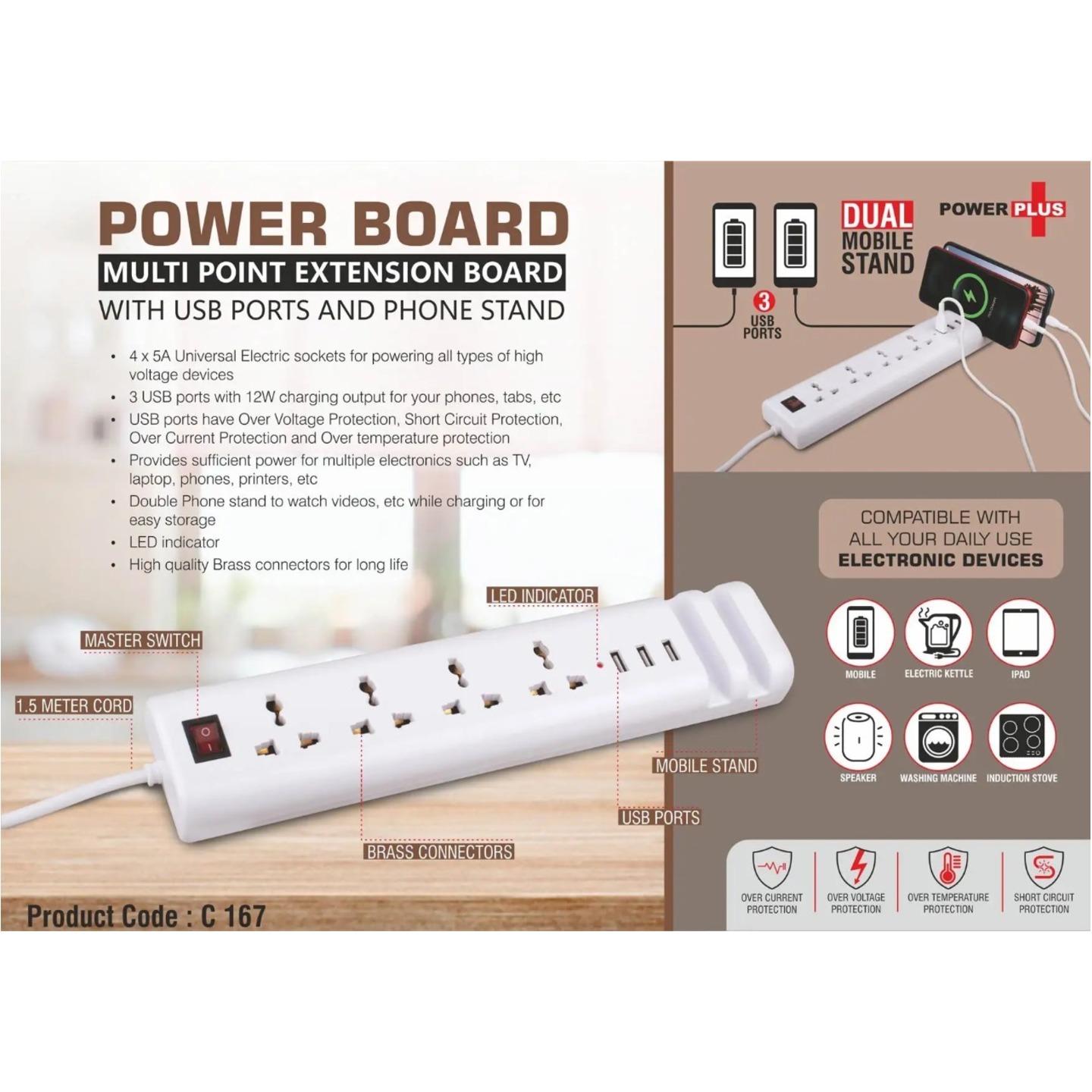 Power Board: Multi Point Extension Board With USB Ports And Phone Stand