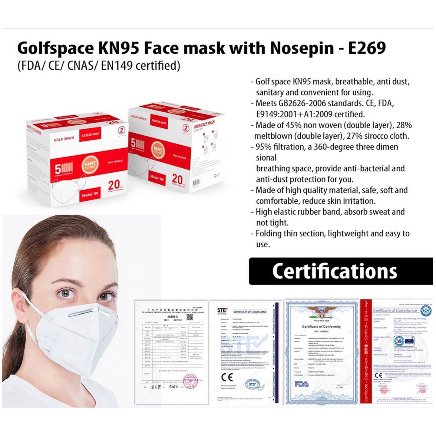 Disposable E269 Golfspace KN95 Face Mask With Nosepin FDA/ CE/ CNAS/ EN149 Certified