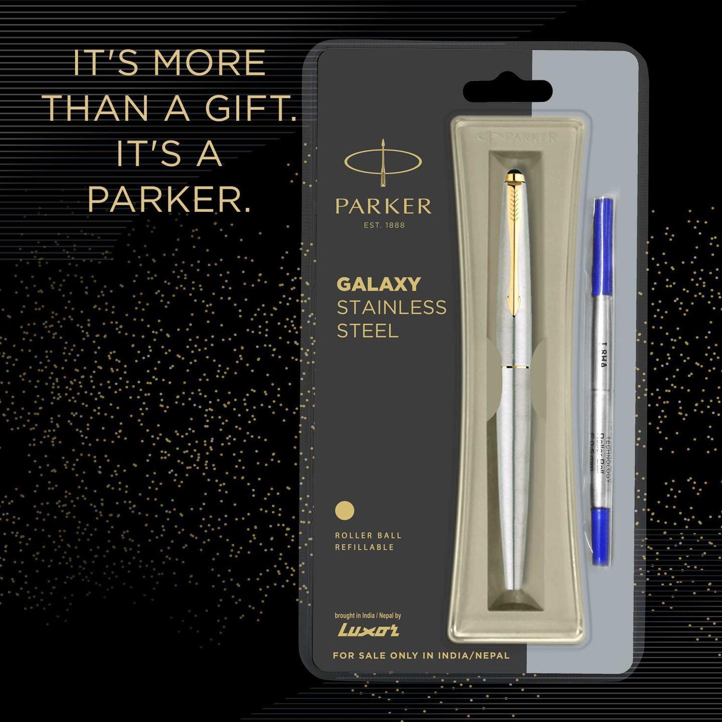 Parker Galaxy Stainless Steel Gold Trim Roller Ball Pen