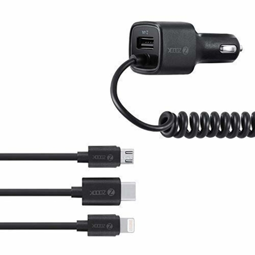 Zoook Car Charger ZF-C2U3 with 3 in1 Cable, Type C,Micro USB, 2M length, 12 watt, Black