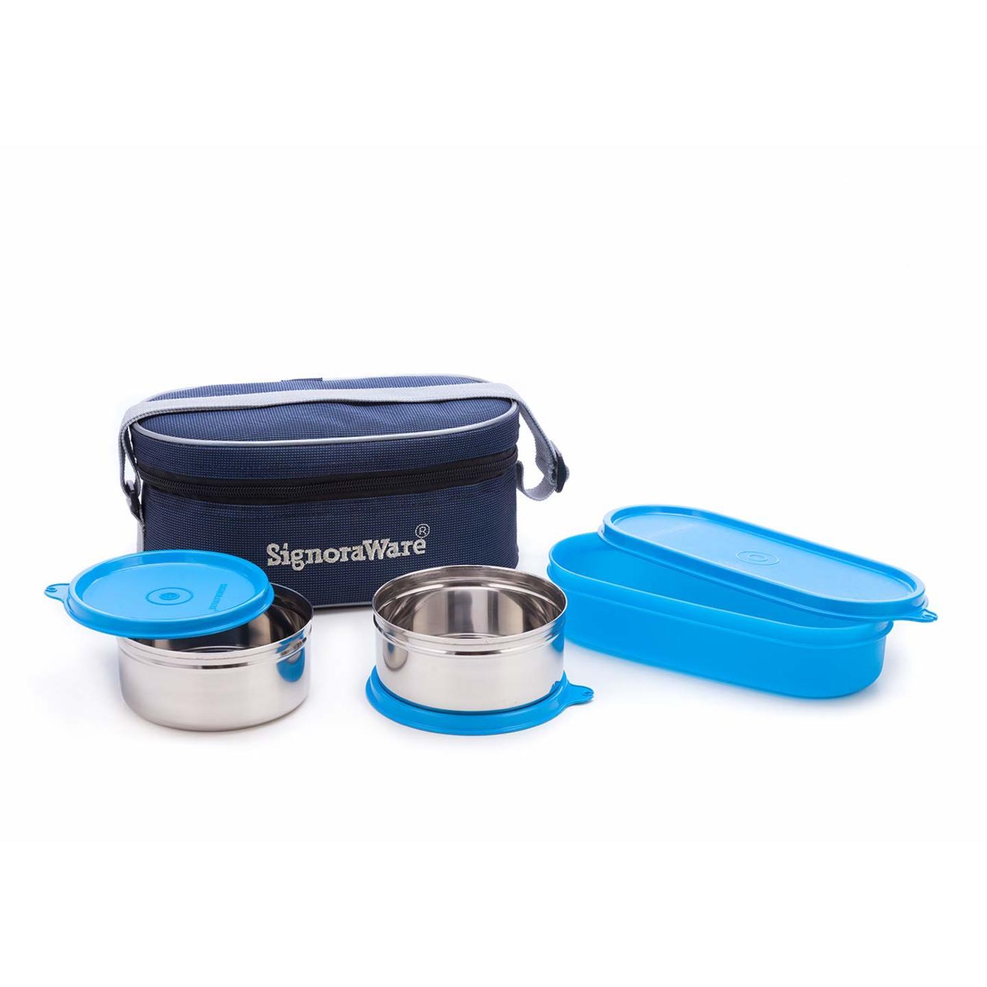 Signoraware Double Decker Stainless Steel Lunch Box Set with Bag, 3-Pieces, Blue