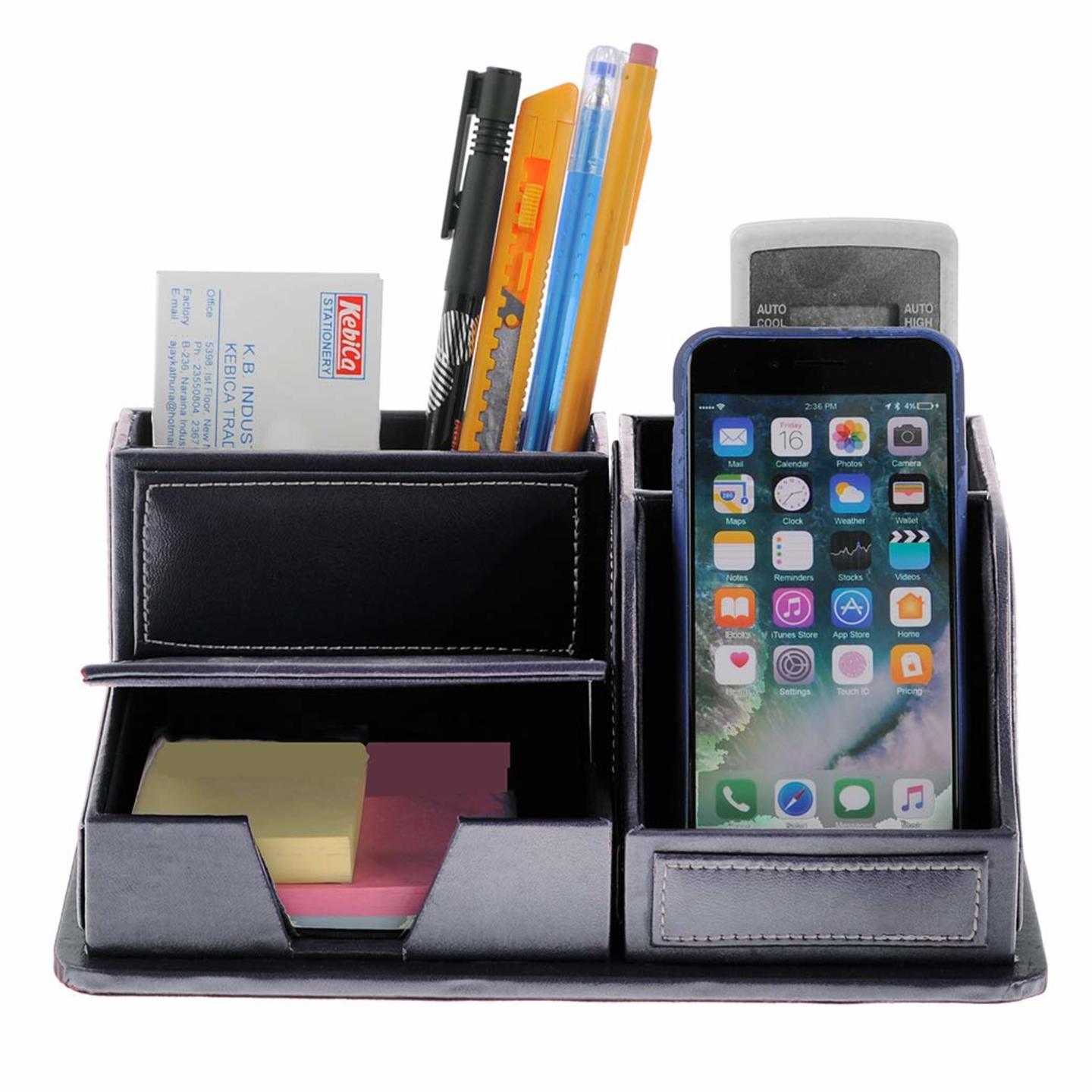 PU Leather Multi-Function Desk Stationery Organizer Storage Pen Pencil Holder Business Cards Stand Mobile Phone/Remote Control Holder Office Supplies Holder Desktop (Black)