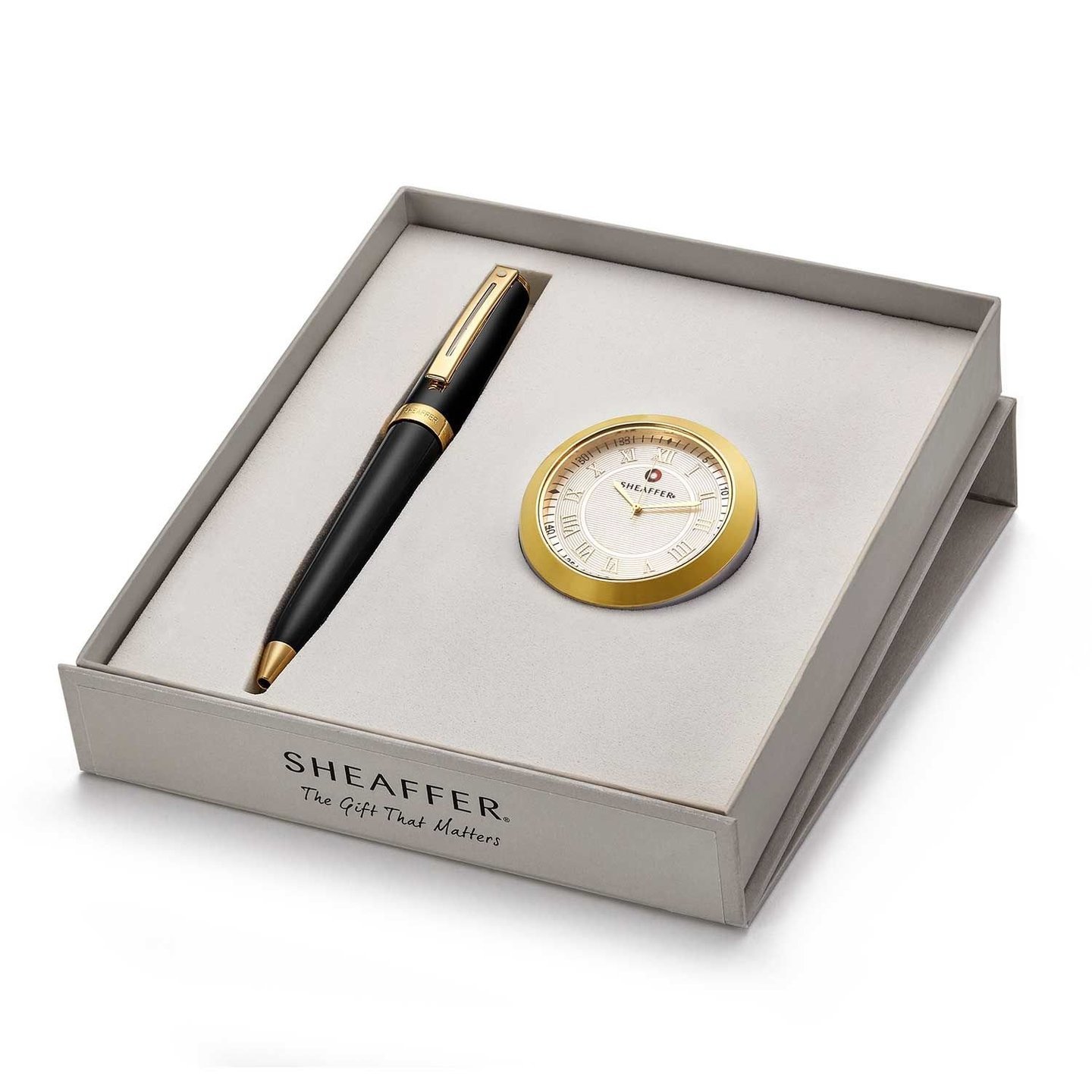 SHEAFFER 346 Ballpoint Pen with Gold Chrome Table Clock (Black)