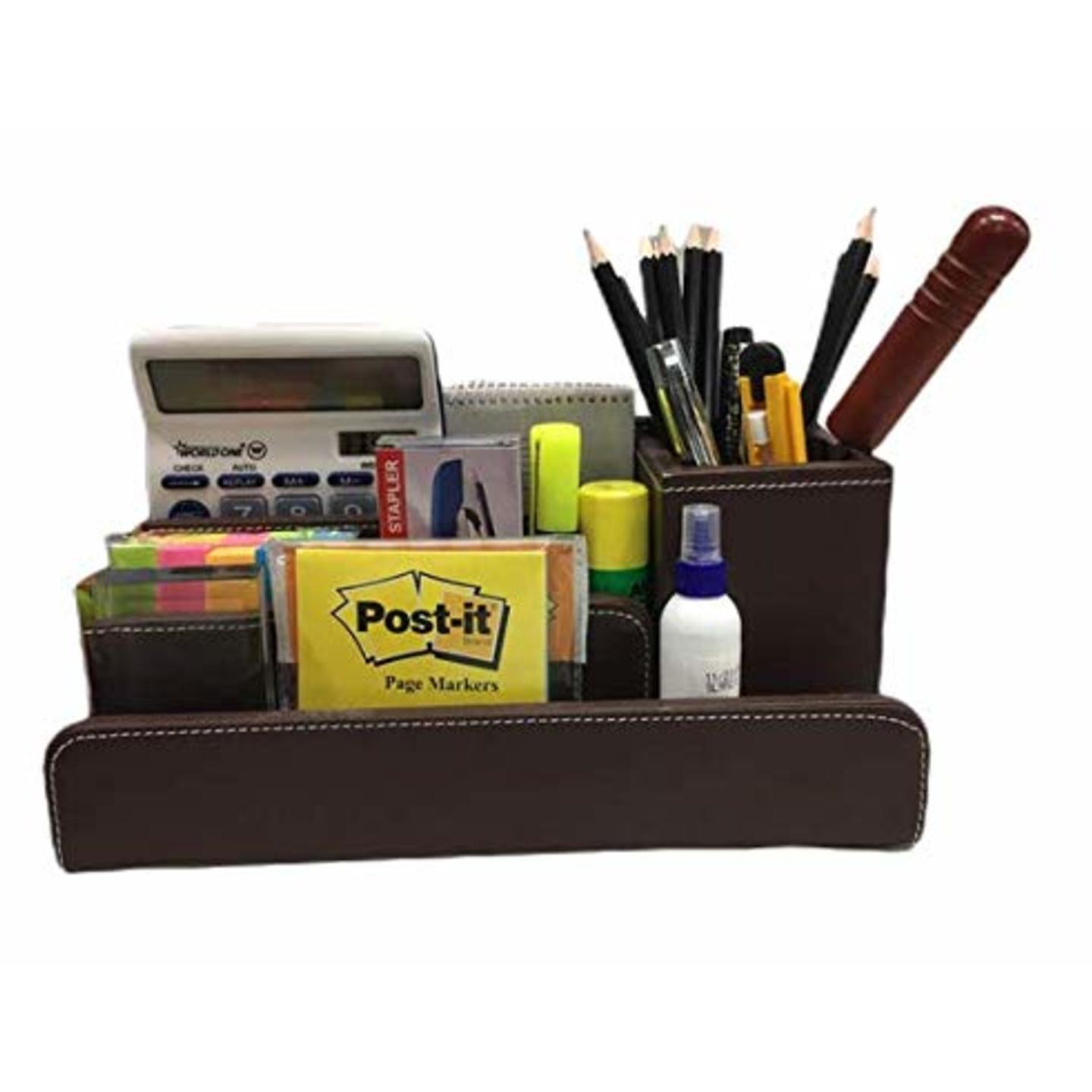 SMKT™ Desktop PU Leather Pen Stand/Storage Box 4 Divided Compartments for Pen Business Card Remote Control Mobile Phone Cosmetics Office Supplies Holder Collection Desk Organizer (Brown)