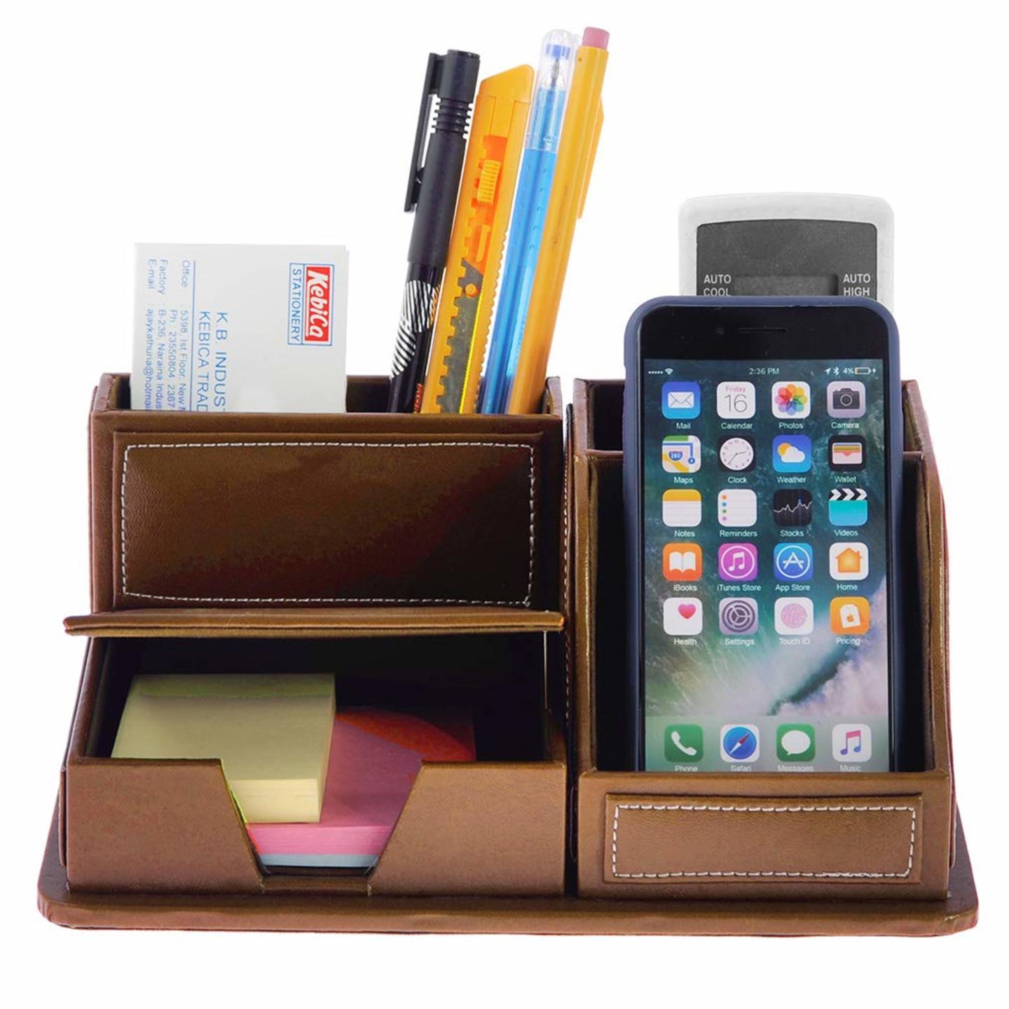 PU Leather Multi-Function Desk Stationery Organizer Storage Pen Pencil Holder Business Cards Stand Mobile Phone/Remote Control Holder Office Supplies Holder Desktop (Tan)