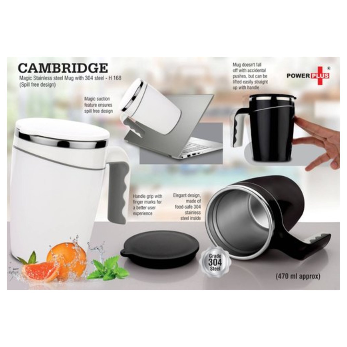 Power Plus Cambridge Magic Stainless steel Mug with 304 steel  Spill free design 470 ml approx