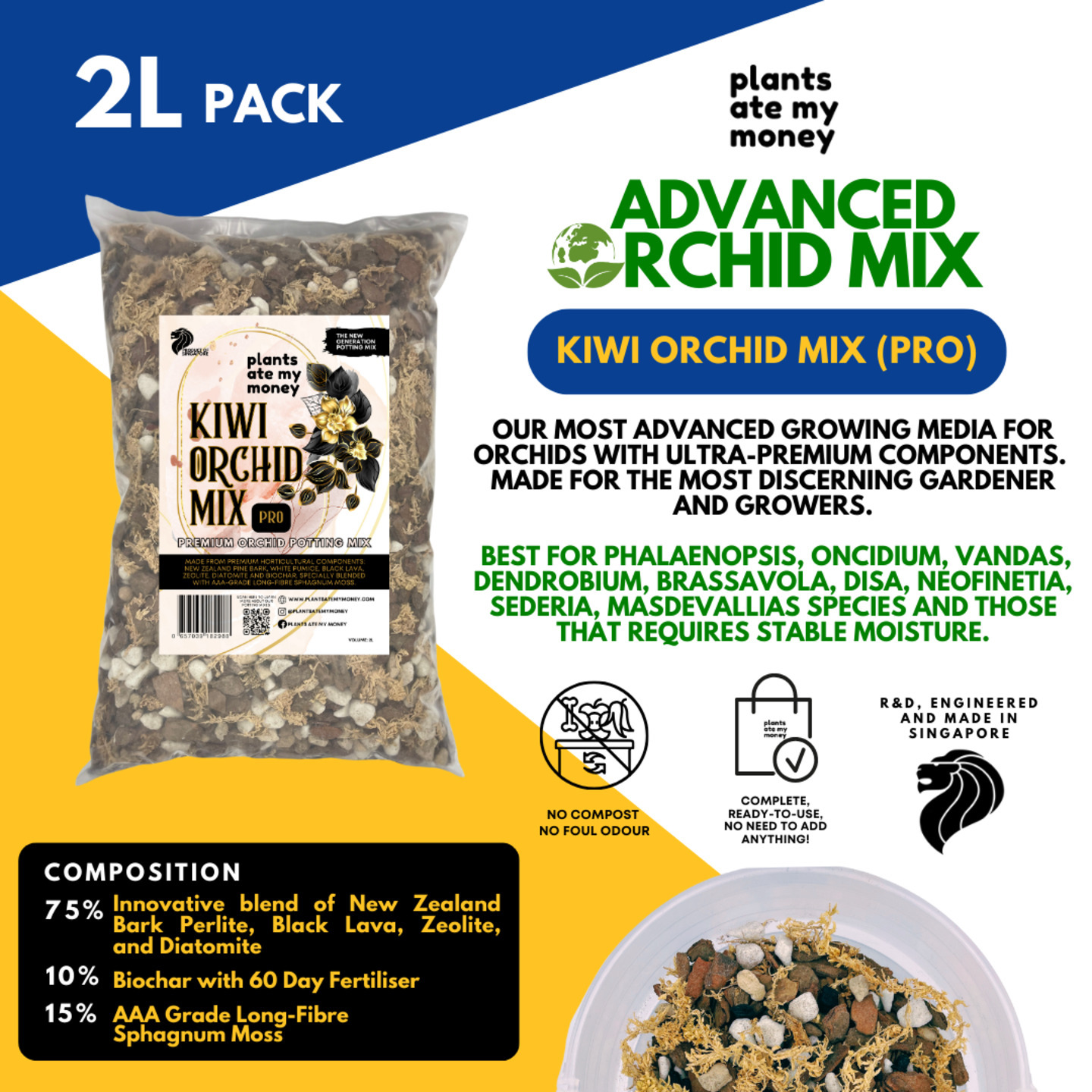 Kiwi Orchid Mix - Pro [2L] - Advanced Orchid Mix made for Orchids, Phalaenopsis and Vandas