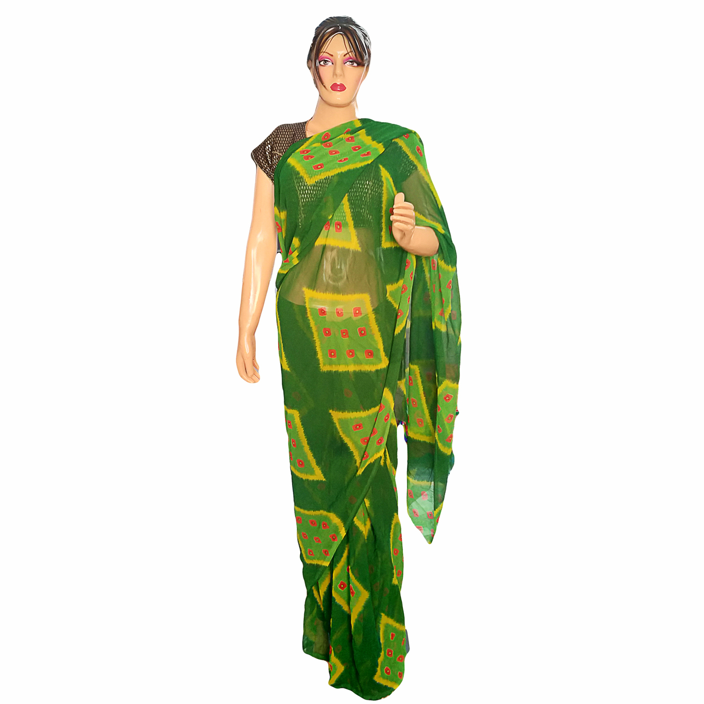 Rajasthani Jaipuri Shibori Georgette Green Color Sari