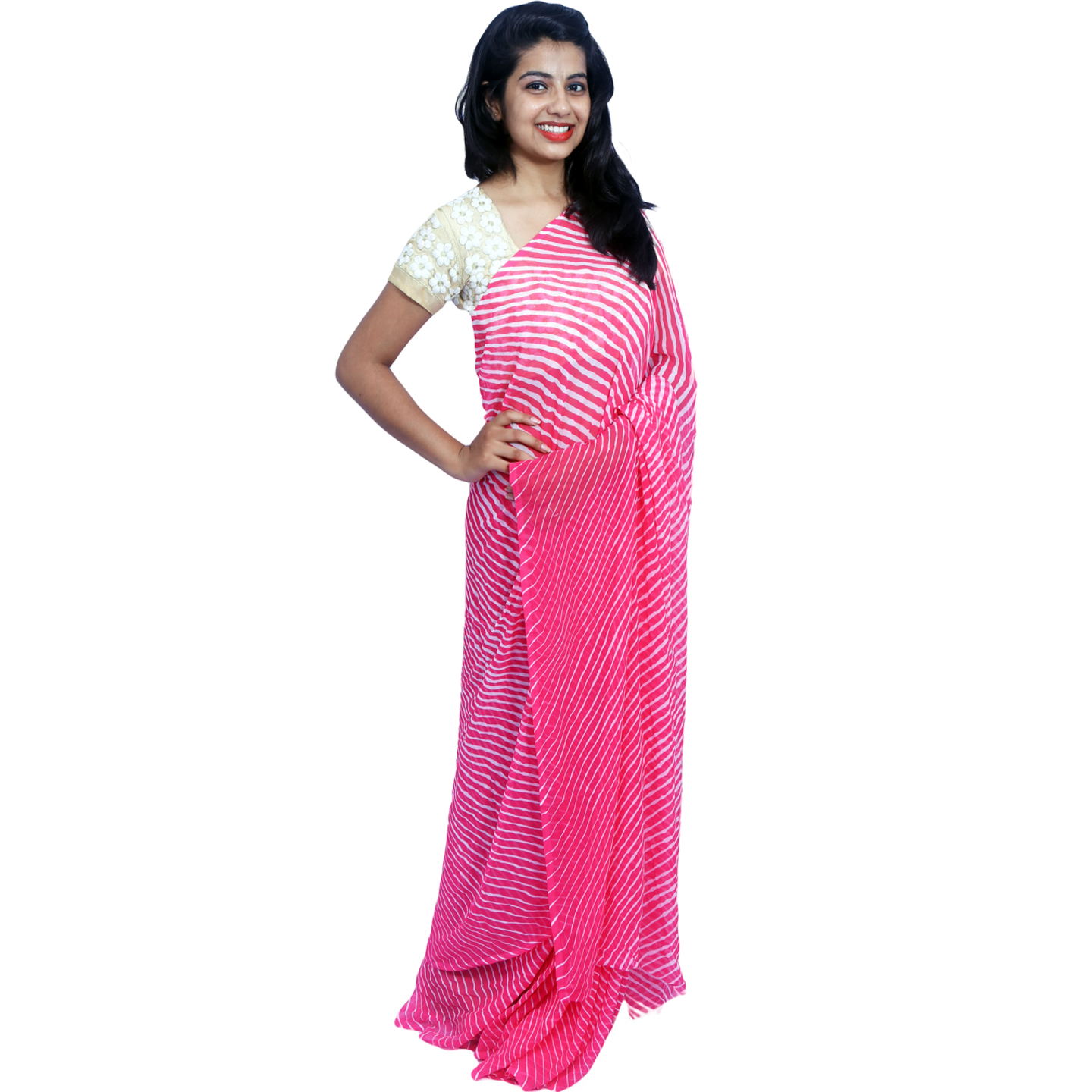 Rajasthani Jaipuri Leheriya Georgette Peach Color Sari