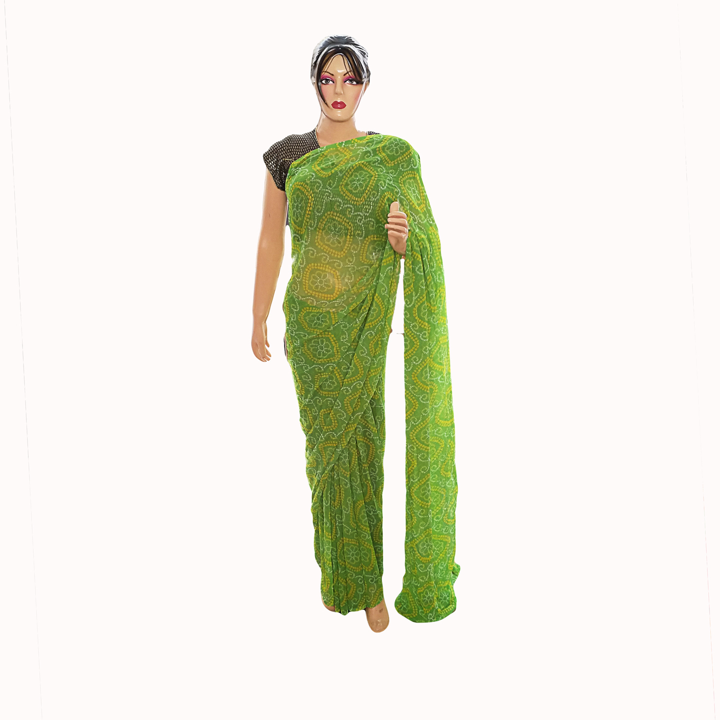 Rajasthani Jaipuri Bandhani Bandhej Georgette Green Color Sari